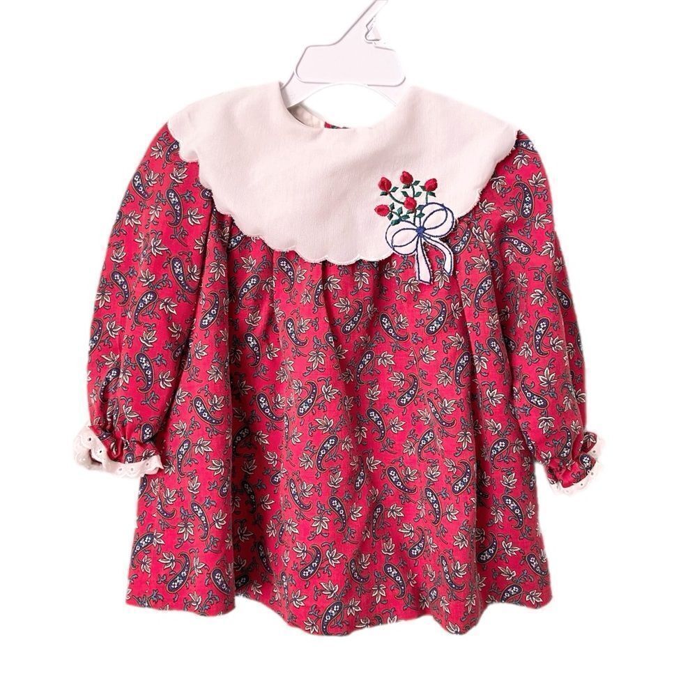 Vintage Little Bitty Red Paisley Baby Dress with White Collar in Size 24M